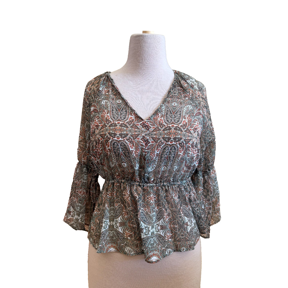 Velvet Heart Boho Paisley Peplum Blouse Long Sleeve V-Neck Top – Size XS – NWT